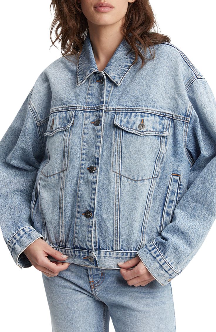 Relaxed and effortlessly chic, this sturdy denim jacket has all the essential details and an oversized silhouette that layers well over any outfit. Front button closure Spread collar Button cuffs Chest button-flap patch pockets; front welt pockets 100% cotton Machine wash, line dry Imported Contrast Topstitching, Vintage Denim Jacket, 90s Retro, Oversized Silhouette, Jeans Dress, Skirt Length, Drop Shoulder, Knit Top, Dress Shop