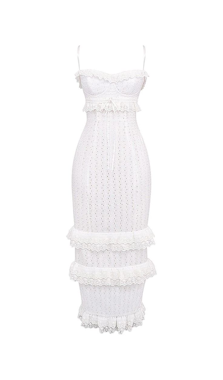 White Broderie Maxi DressGet ready for the warmth of Spring and endless Summer days with our White Broderie Maxi Dress. Made from dainty broderie anglaise, this dress exudes pretty drama and romance. The sweetheart neckline features underwired cups for added support, while the fitted bodice with internal side boning cinches and flatters your shape. With slim adjustable straps, you can customize the fit to your liking.Where to Wear Pretty date nights Alfresco dinner dates Champagne with the girls Bottomless brunches Garden parties Vacays Underwear SolutionNo bra required as it's cupped and lined, providing you with all the support you need.Key Features Made from dainty broderie anglaise Fully lined Stretch Factor: Little Stretch Dress Length: Approx 147cm Materials: New Dainty Embroidery An Fitted Midi Dress With Scalloped Lace For Daywear, Fitted Scalloped Lace Midi Dress For Daywear, Elegant Sleeveless Midi Dress With Broderie Anglaise, Elegant Sleeveless Broderie Anglaise Midi Dress, White Lace Dress With Broderie Anglaise, Fitted Eyelet Midi Dress For Daywear, Chic Fitted Eyelet Midi Dress, Fitted Midi Dress With Broderie Anglaise For Garden Party, Summer Fitted Lace Dress With Broderie Anglaise