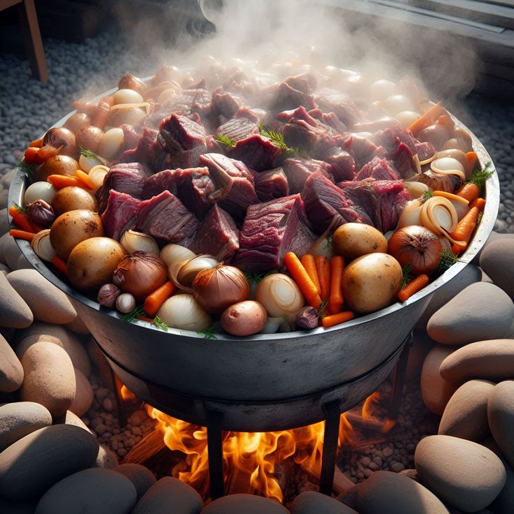 meat and vegetables cooking over an open fire pit