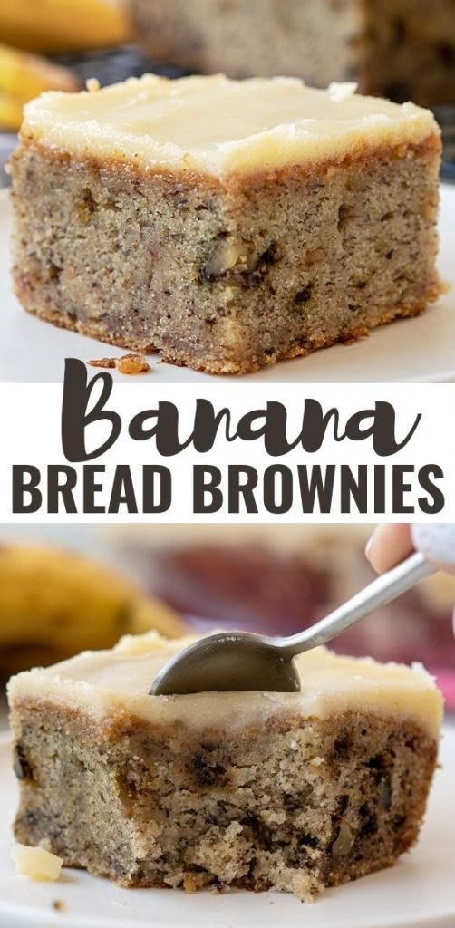 banana bread brownies on a white plate with a bite taken out of the top