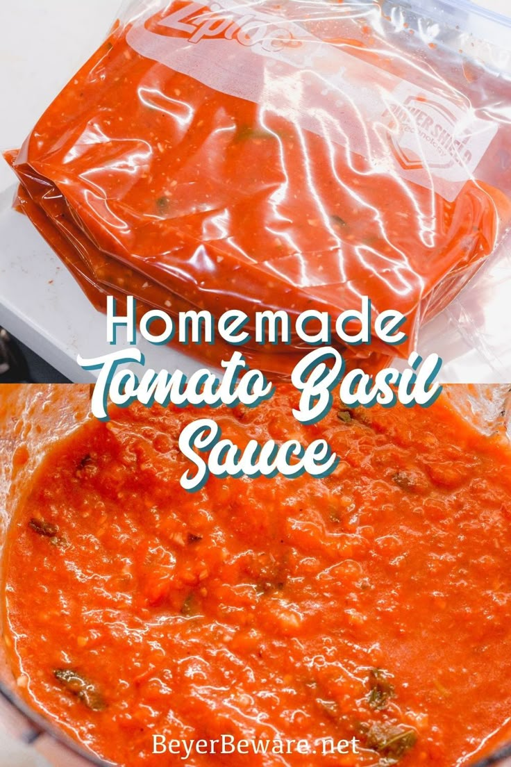 homemade tomato basil sauce in a blender with text overlay that reads homemade tomato basil sauce