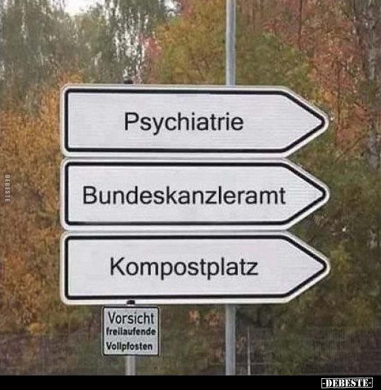 three white signs pointing in different directions with trees in the back ground and one sign that says psychlaie, bundeskanzleramt, kompostplatz,