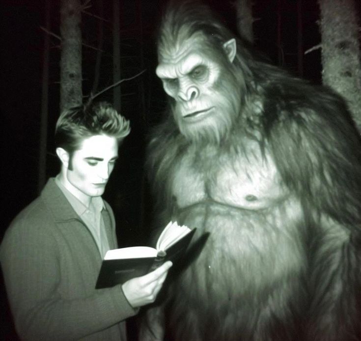 a man reading a book to a bigfoot