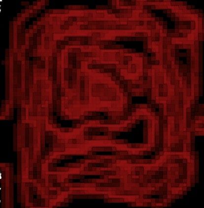 an image of the face of a man made out of red and black squares on a black background