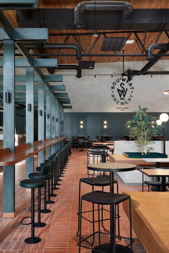 an empty restaurant with wooden tables and stools