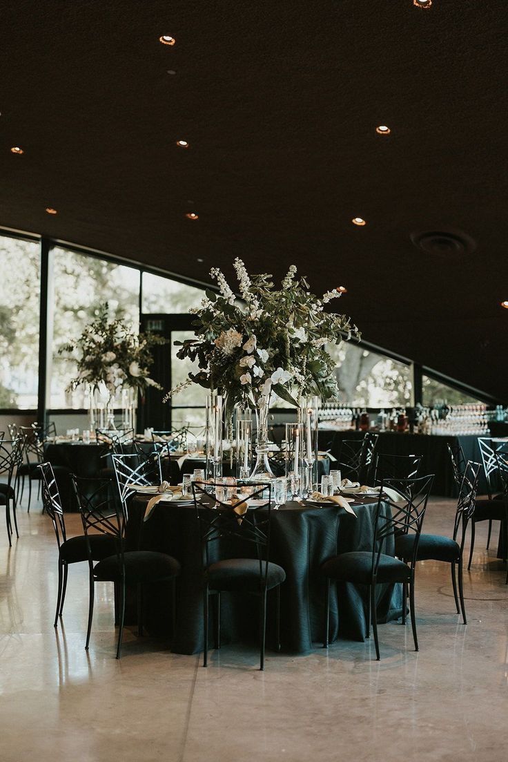 All Black Wedding Reception, Moody Wedding Reception, Moody Reception, Black Wedding Reception, Florals For Wedding, Black Tie Wedding Reception, Chairs For Wedding, Dark And Moody Wedding, Black And White Wedding Theme