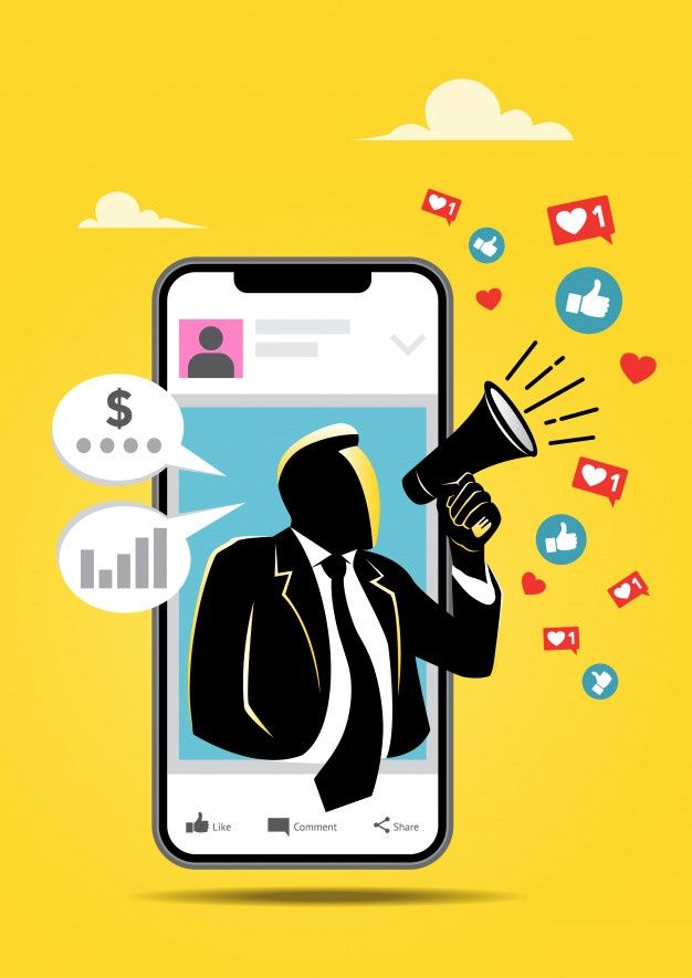 a man holding a megaphone with social media icons coming out of the phone screen