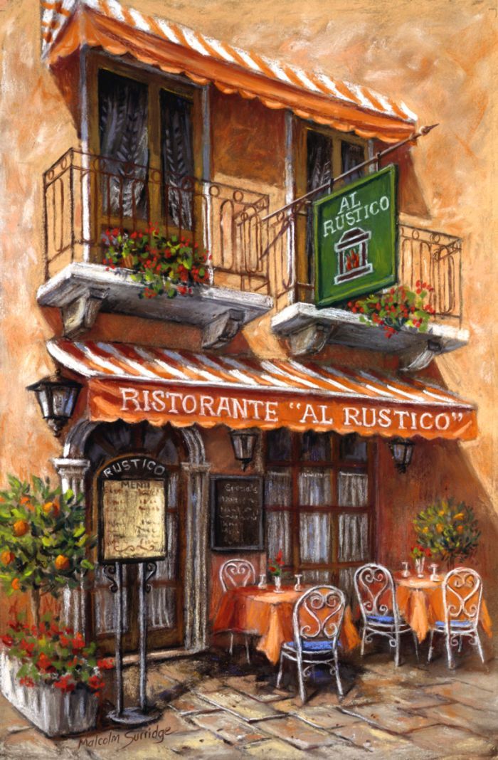 a painting of an italian restaurant with tables and chairs in front of the storefront