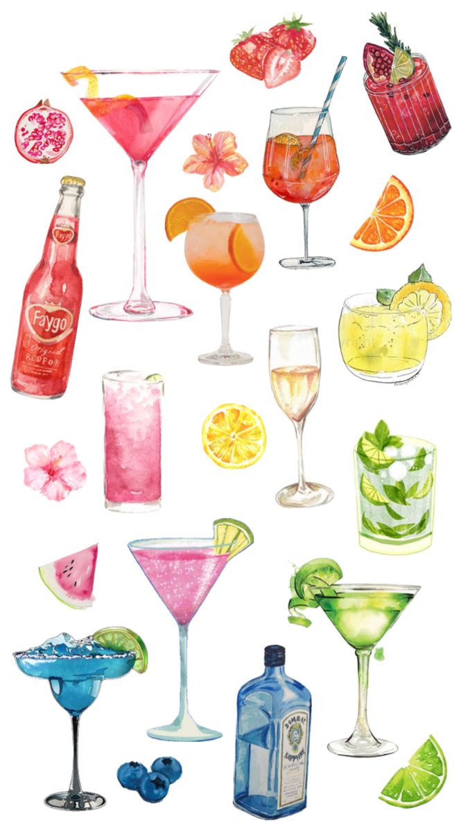 watercolor painting of different types of cocktails and drinks on white background with clipping