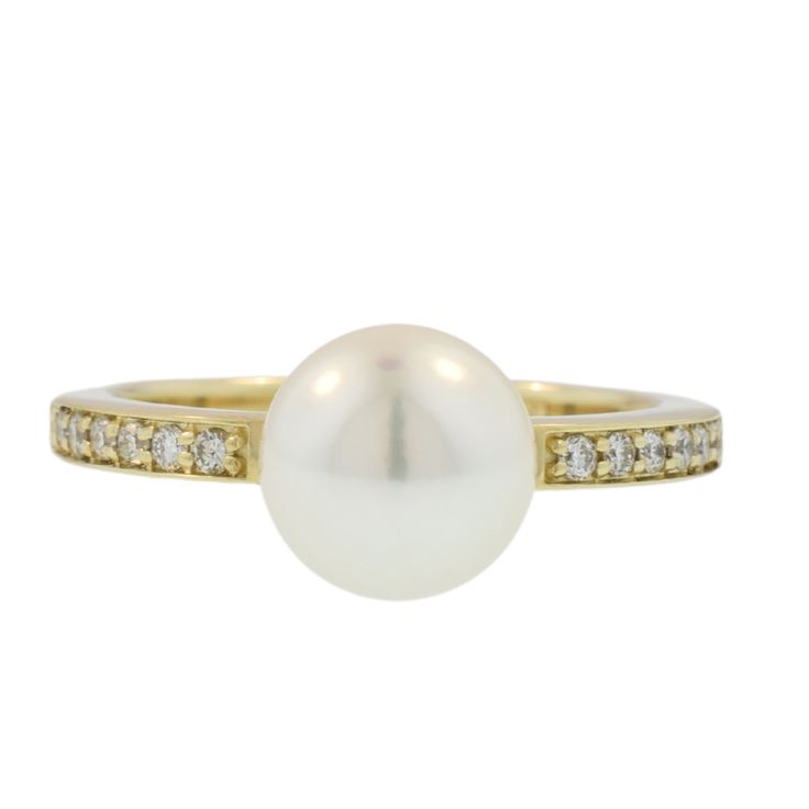 14K yellow gold ring set with 0.14 carat total weight in diamonds and a cultured Akoya pearl Yellow Gold Rings With Diamond Accents And Pearl, Yellow Gold Pearl Diamond Ring With Accents, Yellow Gold Pearl Ring With Diamond Accents, Diamond Pearl Ring, Akoya Pearl Ring, Pearl And Diamond Ring, Gold Ring Sets, Ring Sale, Akoya Pearls