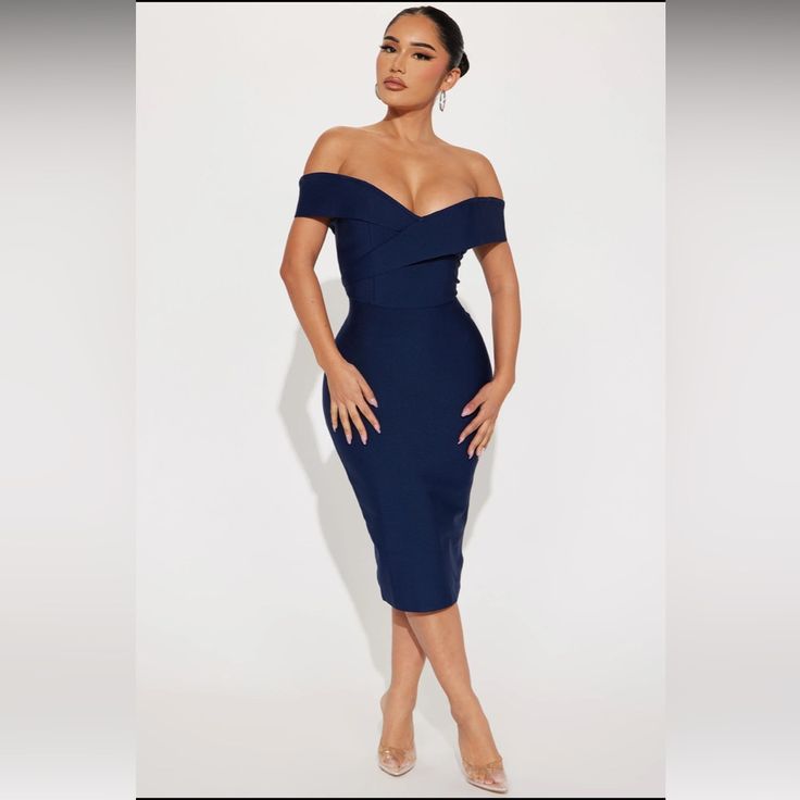 Navy Blue Bandage Dress. Brand New,Tag Still Attached. Very Beautiful, Just Too Small For Me. Midi Dress Off Shoulder, Blue Bandage Dress, Coral Fashion, Mermaid Bridesmaid, Dresses Fashion Nova, Dress Off Shoulder, Bandage Midi Dress, Womens Cocktail Dresses, Navy Midi Dress