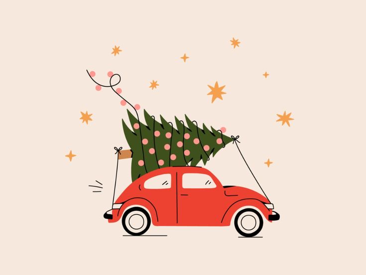 a red car carrying a christmas tree on top of it's roof, with stars in the background