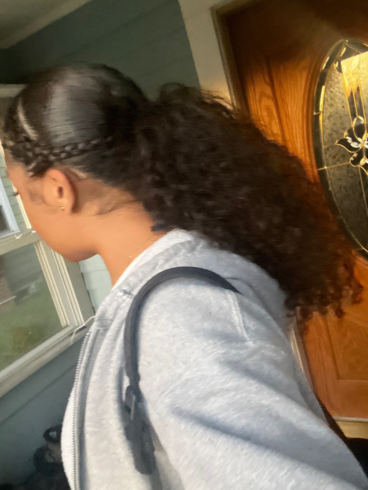 2 Braids And Curls, 2 Braids With Ponytail Natural Hair, French Braid Hairstyles Ponytail, 2 Braids Into A Ponytail Natural Hair, Natural Curls Ponytail, Two Braids Into Curly Ponytail, Curly Hair Braided Ponytail, Short Hair Curly Ponytail, Ponytail Braid Curly Hair