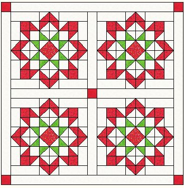 four red and green quilts on a white background with the same pattern as shown