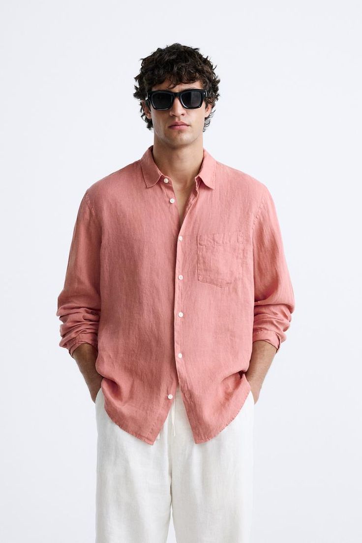 100% LINEN SHIRT - White / Gray | ZARA United States White Shirt Outfit Men Casual, Linen Polo Men, Pink Mens Outfit, Pink Outfits For Guys, Linen Shirt Outfit Men’s, Dressing Ideas For Men, Pink Outfit Men, Men In Linen, Linen Outfit Men