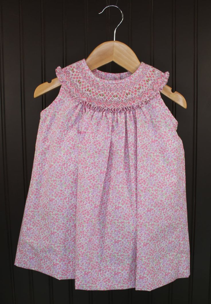 Pink and Lilac Smocked Bishop Dress – T.Noelle Smocked Baby Clothes, Smocked Bishop Dress, Hand Smocked Dress, Bib Dress, Smocked Dresses, Purple Floral Print, Hand Smock, Crochet Collar, Heirloom Sewing