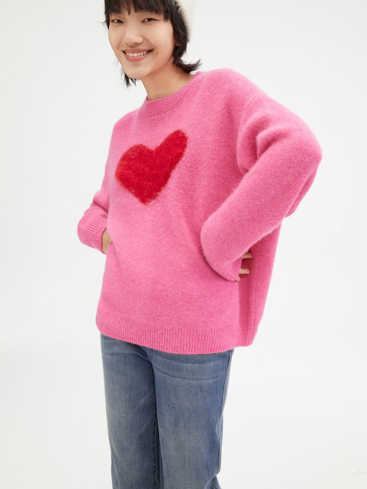 Details: Rose pink sweater embellished with red heart elements Classic round neck, red love heart, cute color clash Loose hem, ribbing Materials & Care: Alpaca Wool 42.6%, Nylon 34.9%, Sheep wool 22.5% Non-washable, gentle dry cleaning Do not bleach Size & Fit: Model is 5'7", Bust 32, Waist 24, Hips 35, wearing a size S Item #: LM3KT15 Pink Heart Print Sweater For Valentine's Day, Pink Heart-shaped Valentine's Day Sweater, Pink Heart Sweater For Spring, Pink Knit Sweater With Heart Print, Valentine's Day Heart Sweater, Casual Pink Valentine's Day Sweater, Pink Heart Print Crew Neck Sweater, Pink Crew Neck Sweater For Valentine's Day, Trendy Valentine's Day Sweater With Crew Neck