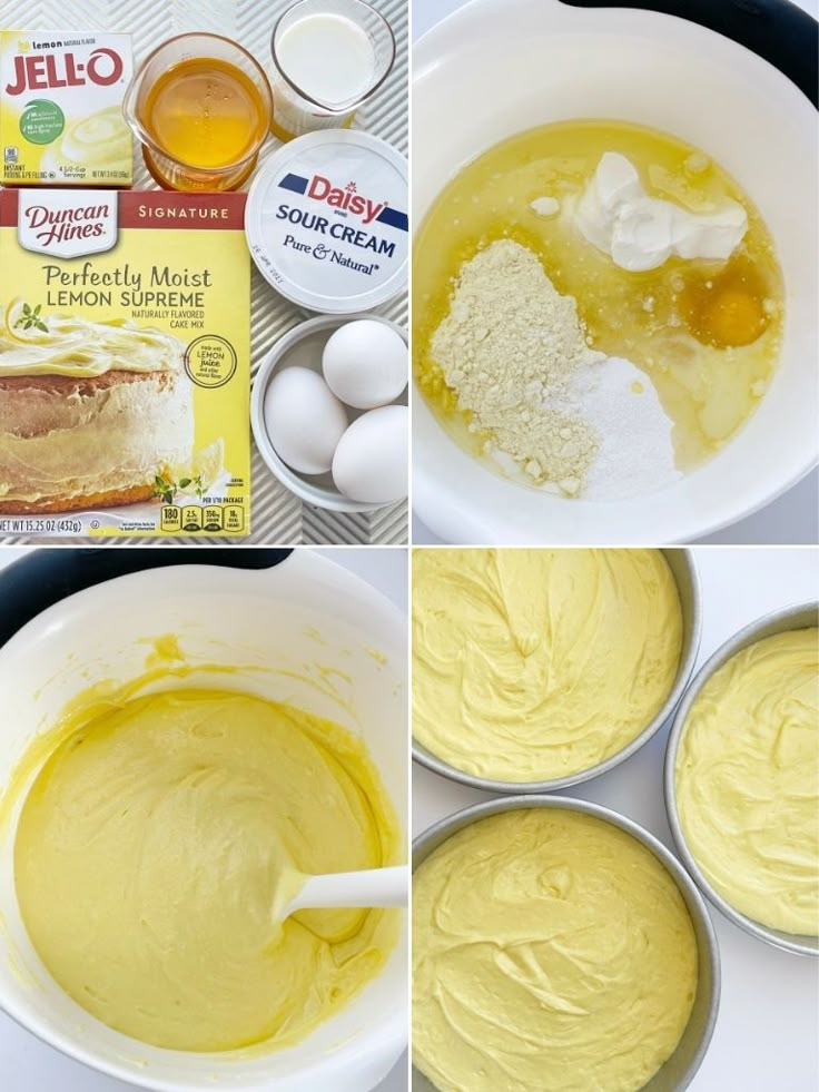 four pictures showing how to make cake batter