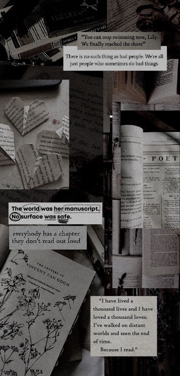 the collage shows many different types of books and papers with words written on them