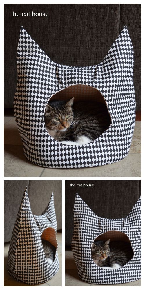 the cat house is made out of black and white checkered fabric, with a cat sleeping in it