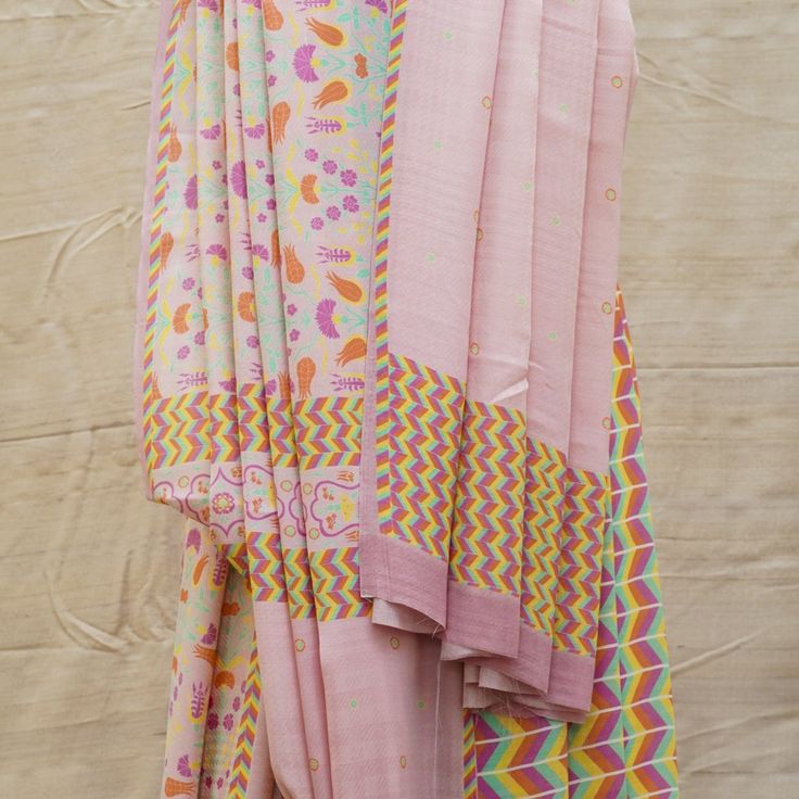 Lale - Melanie Pink Pure Crepe Silk Print Saree - Khinkhwab Artistic Chanderi Saree With Printed Motifs, Artistic Silk Saree With Printed Motifs, Artistic Saree With Printed Motifs In Traditional Drape, Artistic Saree With Printed Motifs For Festive Occasions, Bohemian Multicolor Cotton Saree, Multicolor Bohemian Cotton Saree, Traditional Transitional Dupatta With Digital Print, Traditional Silk Dupatta With Digital Print, Artistic Silk Saree With Traditional Patterns