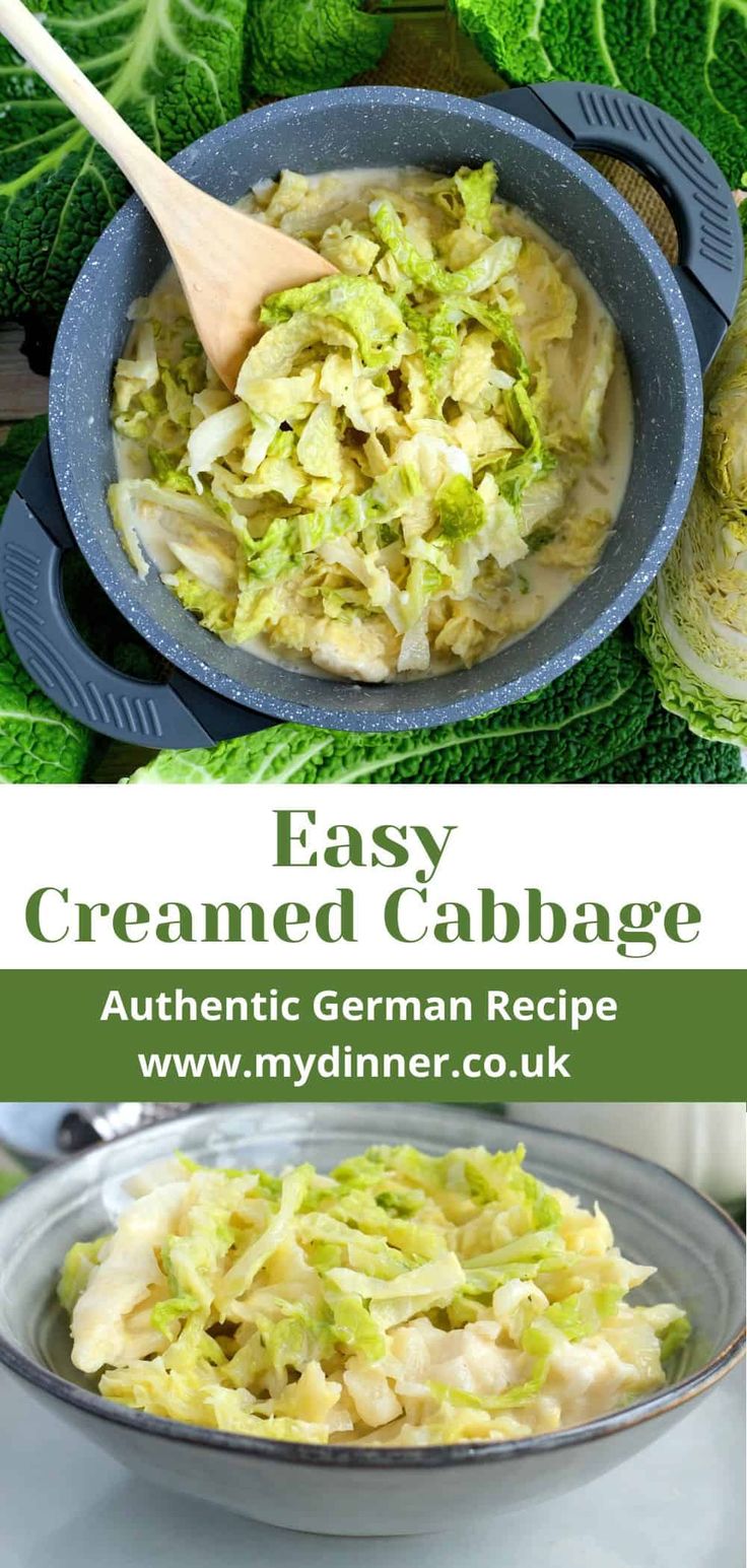 an image of a bowl of food with cabbage in it and the words easy creamed cabbage