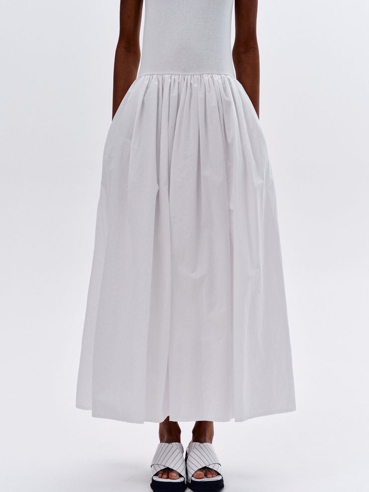 Cotton Tank Dress, White Casual Sleeveless Dress With Relaxed Fit, Spring Midi Skirt With Gathered Waist, Fitted Full Skirt With Ruched Details, Spring Stretch Midi Dress With Pleated Waist, Spring Midi Dress With Pleated Waist And Stretch, Spring Stretch Dress With Pleated Waist, Spring Dresses With Pleated Waist And Stretch, Ruched Skirt For Workwear In Summer, Summer Ruched Skirt For Workwear