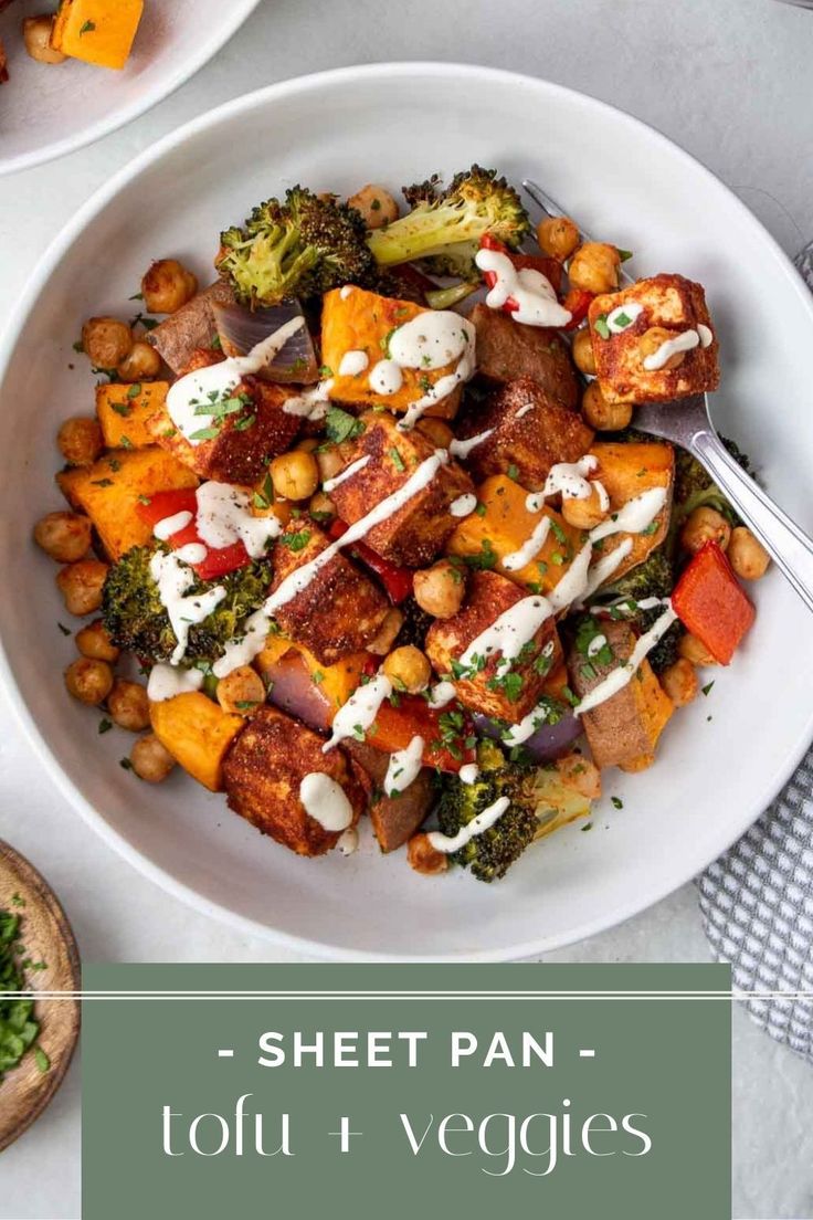 two plates filled with different types of food and the words sheet pan toulii veggies