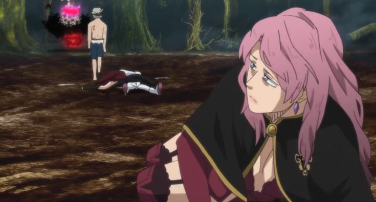 an anime scene with two people in the background and one person laying on the ground