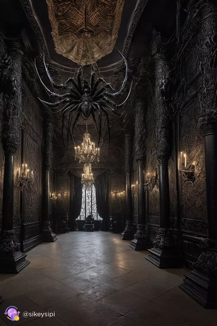 an empty hall with chandeliers and candles in it, surrounded by ornate columns