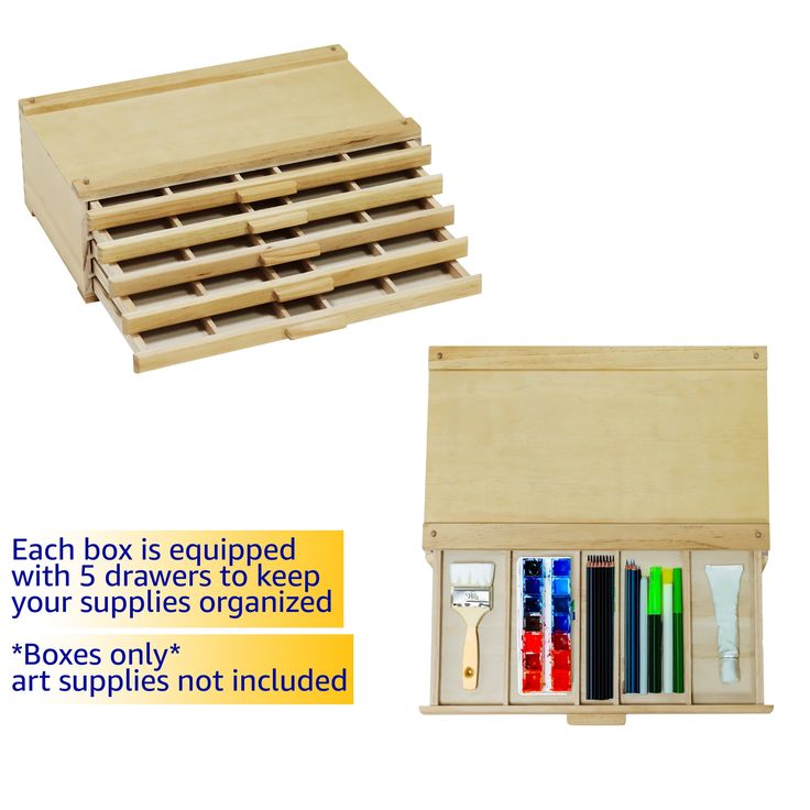 the box is equipped with 5 drawers to keep your supplies organized boxes only art supplies not included