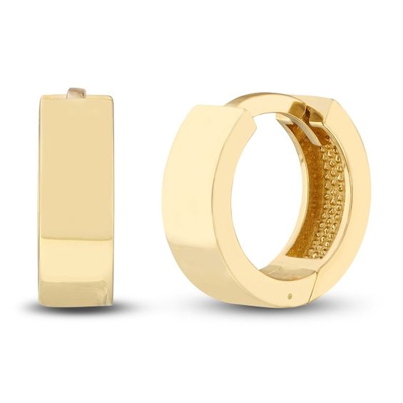 High polished square tubes are fashioned into circles in these timeless women's huggie earrings. Fashioned in 14K yellow gold, the earrings secure in place with hinged backs. Classic Hinged Yellow Gold Huggie Earrings, Rectangular Yellow Gold Huggie Earrings, Modern Yellow Gold Hinged Huggie Earrings, Gold Hinged Huggie Earrings For Formal Occasions, Yellow Gold Rectangular Hoop Earrings, Yellow Gold Huggie Earrings For Formal Wear, Rectangular Yellow Gold Hoop Earrings, Classic Hinged Huggie Earrings Gift, Classic Hinged Huggie Earrings