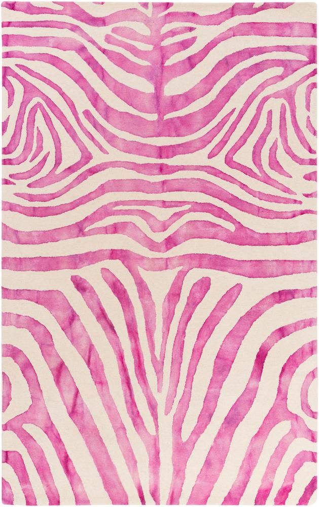 a pink and white rug with zebra stripes