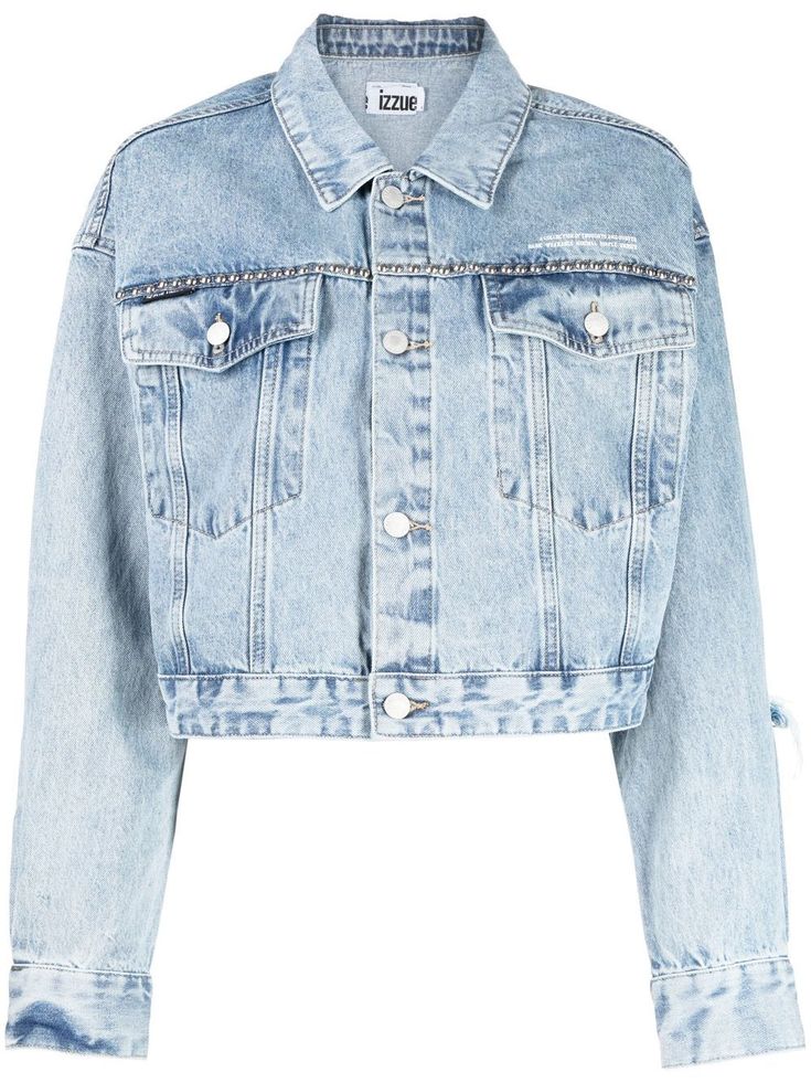 blue cotton blend classic collar long sleeves front button fastening two chest flap pockets cropped Nice Sweaters, Jean Jacket Cropped, Light Blue Jean Jacket, Designer Denim Jacket, Long Sleeve Layering, Christmas Haul, Crop Jean Jacket, Floral Print Pants, Designer Denim