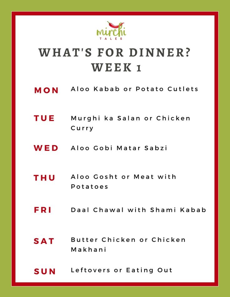 the menu for what's for dinner? week 1 is shown in red and green