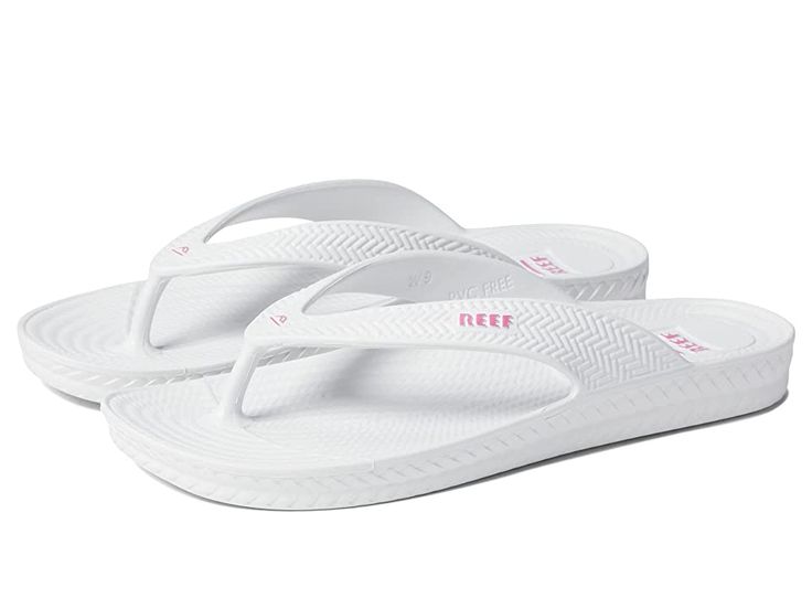 Reef Water Court - Women's Shoes : White : Stroll around by your favorite beachside wearing the Reef Water Court sandals. Water-friendly flip-flop sandals featuring textured synthetic upper. Synthetic lining. Toe post silhouette. Brand name engraved on the footbed and the straps. Easy slip-on style. Synthetic outsole. Imported. Measurements: Weight: 3 oz Product measurements were taken using size 9, width B - Medium. Please note that measurements may vary by size. Weight of footwear is based on White Flip Flops With Textured Footbed For Beach, White Textured Footbed Flip Flops For The Beach, White Beach Flip Flops With Textured Footbed, White Textured Flip Flops For Beach, White Synthetic Sandals For Pool, White Synthetic Sandals For The Pool, White Adjustable Sport Sandals For Beach, Adjustable White Sport Sandals For Beach, White Non-slip Sport Sandals For Beach