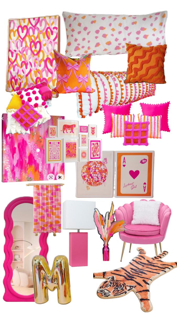 a collage of pink, orange and gold items including pillows, pictures, art