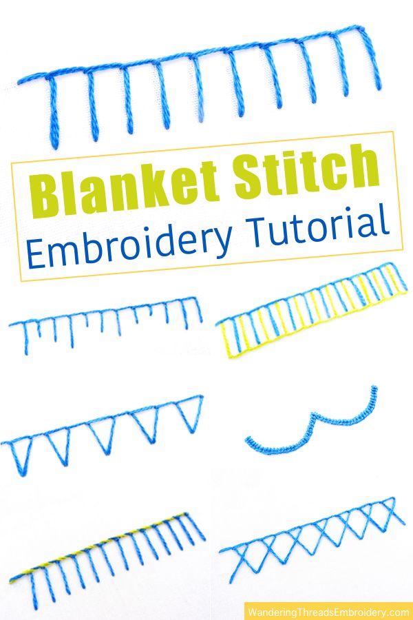 an embroidery pattern with the words blanket stitch embroidered in blue, yellow and green on it