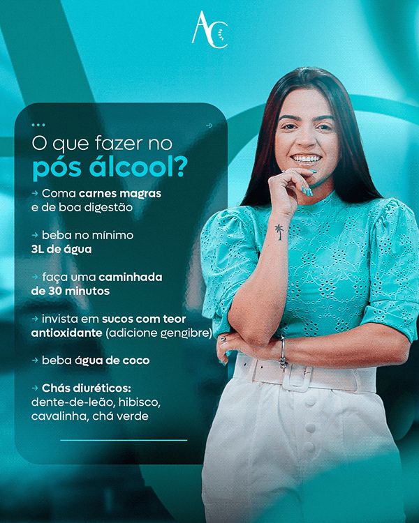 a woman standing in front of a blue background with the words, que fazer no pos alcool?