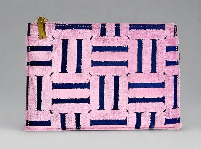 The Bryce clutch is the perfect wing-partner for a night out. Bryce will hold your smartphone, small wallet, car keys, and a few makeup essentials. She also has a generous inside zip for anything you may want to tuck away from sight. Her structure allows you to feel pulled-together and sleek. Her bright, new pattern is sure to draw attention. PROPERTIES: A medium-sized clutch that fits all of the necessities. Luxurious pink & navy basketweave print velvet fabric with chic gold zipper pull. Rich Modern Evening Clutch With Cell Phone Pocket, Evening Clutch Cosmetic Bag With Zipper, Rectangular Zipper Coin Purse For Evening, Evening Rectangular Coin Purse With Zipper, Rectangular Evening Pouch With Zipper Closure, Rectangular Evening Coin Purse With Zipper, Evening Rectangular Wallet With Zipper Closure, Rectangular Wallets With Zipper Closure For Evening, Rectangular Evening Wallet With Zipper Closure