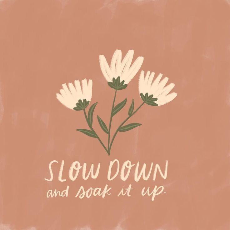 the words slow down and soak it up on a pink background with white flowers