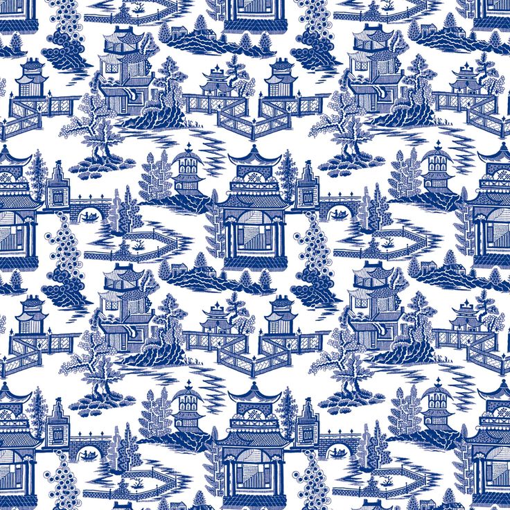 a blue and white wallpaper with pagodas, trees, and buildings on it