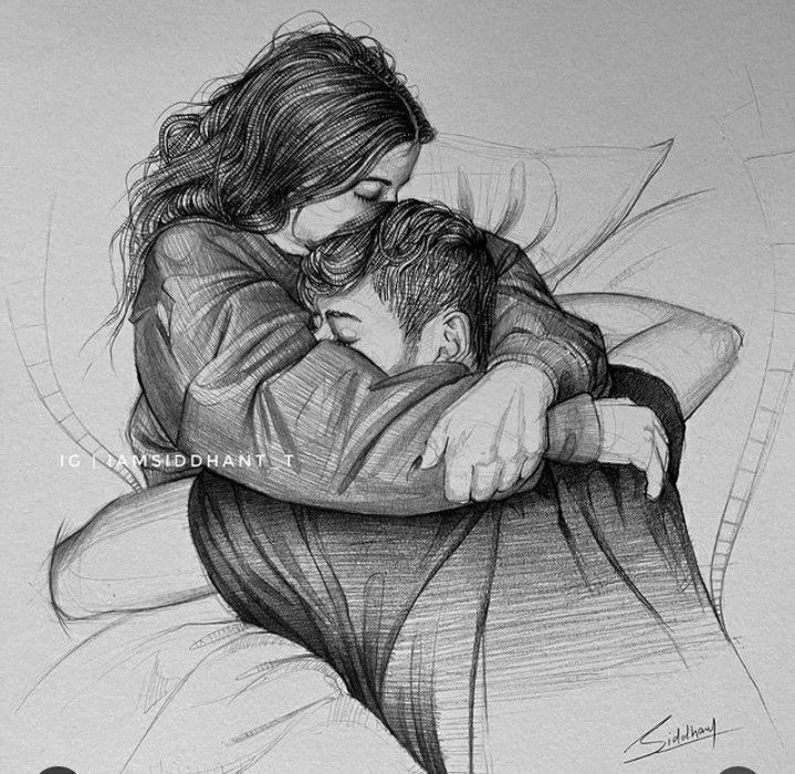 a drawing of two people hugging each other