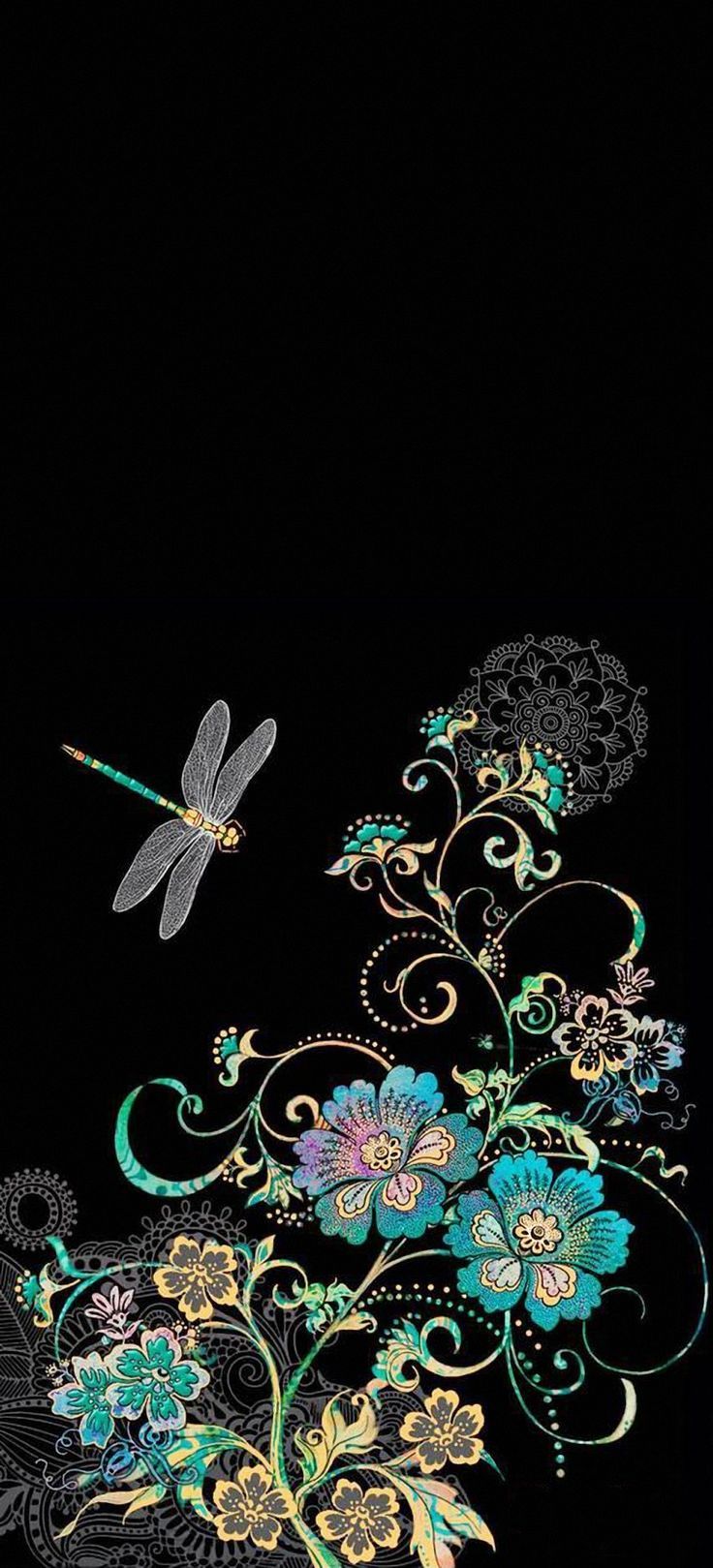 a dragon flys through the night sky next to flowers and an ornate design on a black background