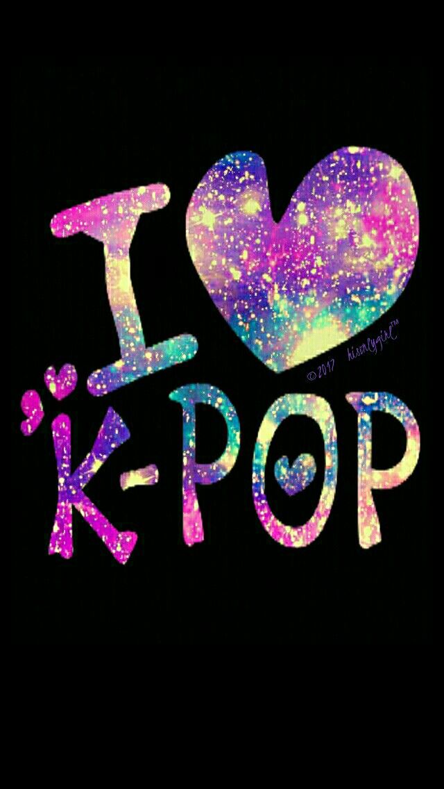 i love k - pop with the words written in neon colors and stars on black background