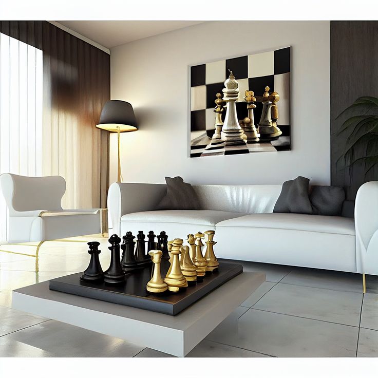 a living room filled with furniture and a chess board on top of a coffee table