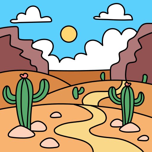 a desert scene with cactus trees and rocks