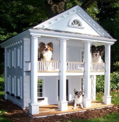 two dogs are sitting on the porch of a white dog house with pillars and windows