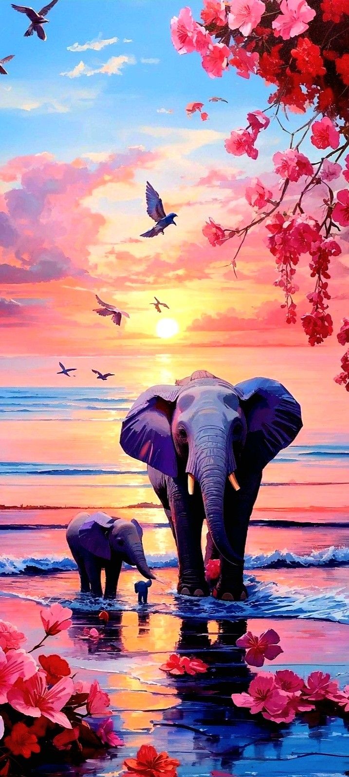 an elephant and its baby are standing in the water at sunset with pink flowers on the beach