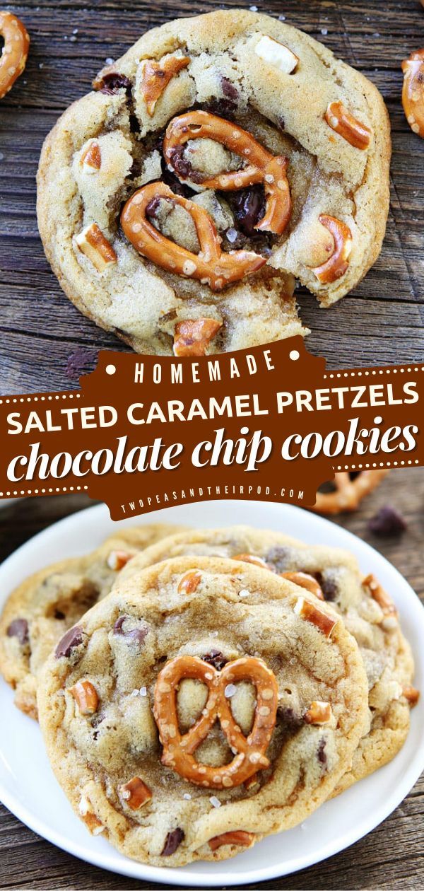 Salted Caramel Pretzel Chocolate Chip Cookies, Christmas cookies, holiday baking recipes Pretzel Chocolate Chip Cookies, Pretzel Chocolate, Salted Caramel Pretzels, Pretzel Cookies, Caramel Pretzels, Fingerfood Party, Cookies Brownies, Chocolate Chip Cookie Recipe, Caramel Cookies